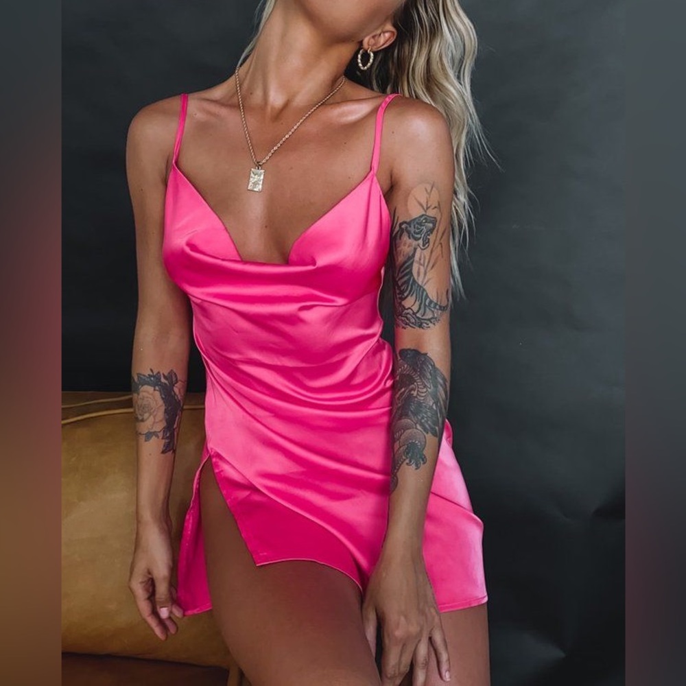 beginning boutique encore cowl neck split dress hot pink